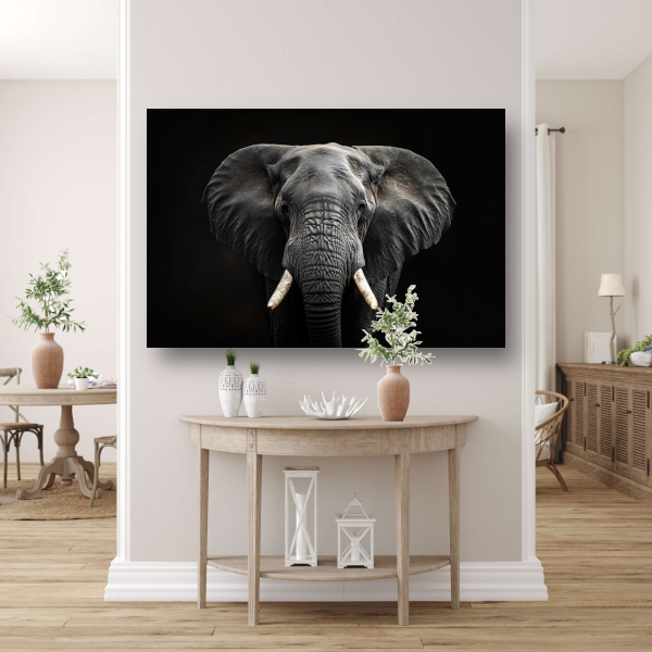 Portret van een Olifant in Zwart-Wit canvas met baklijst
