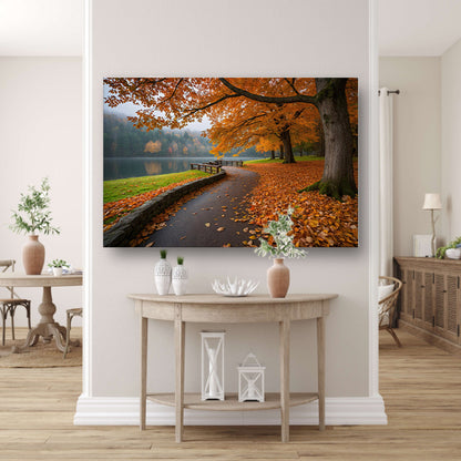 Kleurrijk herfstlandschap langs een meer canvas