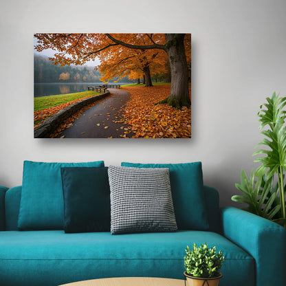 Kleurrijk herfstlandschap langs een meer canvas