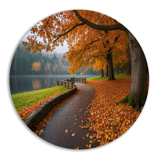Kleurrijk herfstlandschap langs een meer aluminium muurcirkel