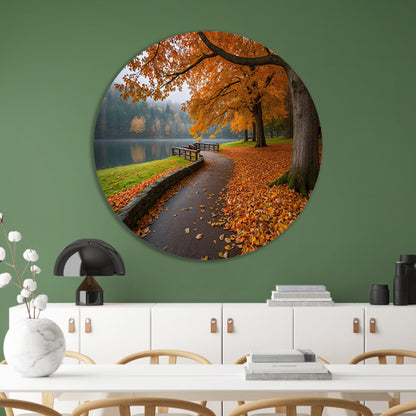 Kleurrijk herfstlandschap langs een meer aluminium muurcirkel