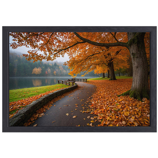 Kleurrijk herfstlandschap langs een meer canvas met baklijst