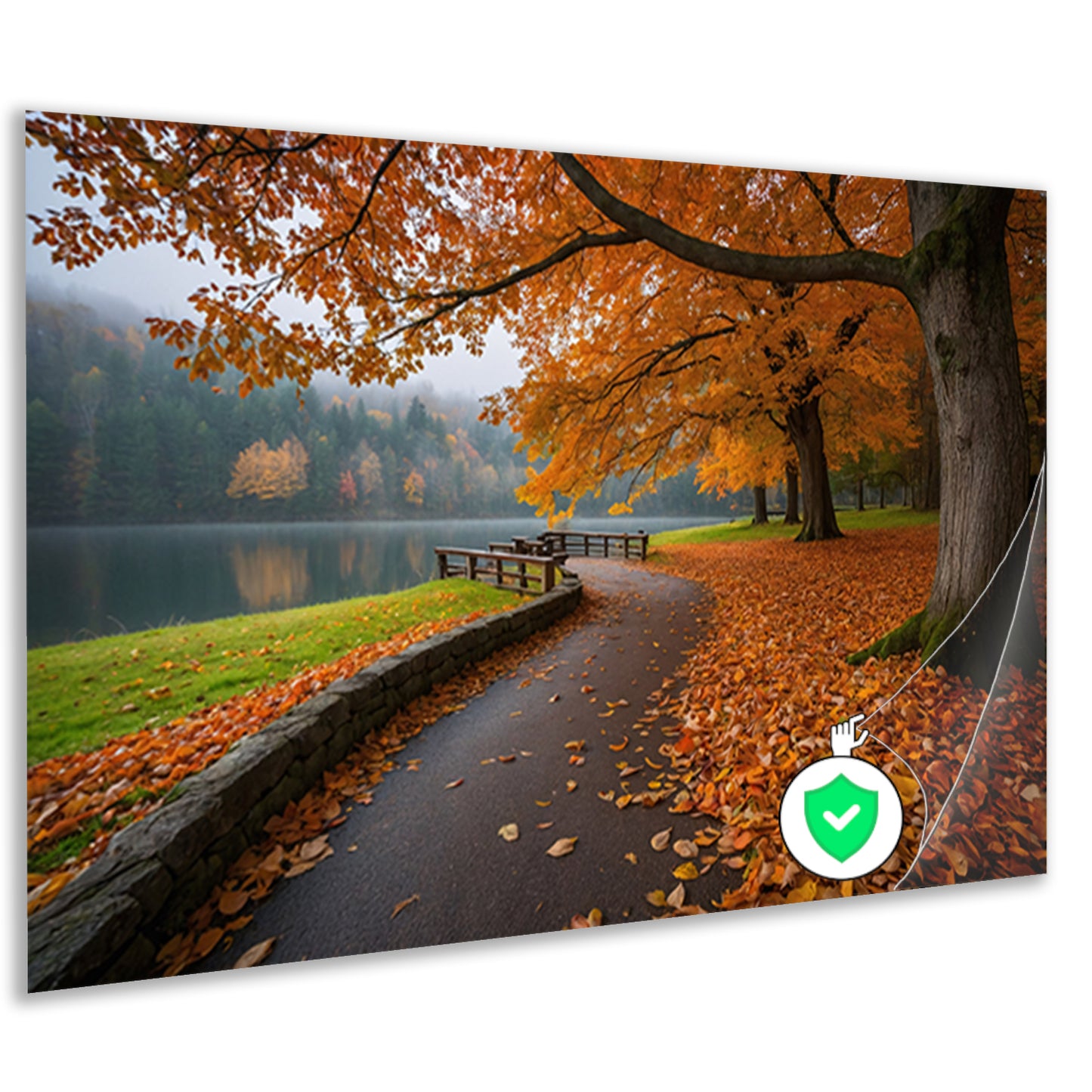 Kleurrijk herfstlandschap langs een meer poster