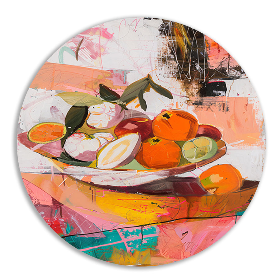 Kleurrijk abstract stilleven met fruit aluminium muurcirkel