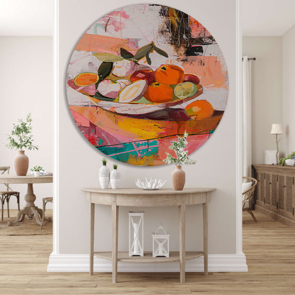 Kleurrijk abstract stilleven met fruit forex muurcirkel