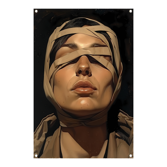 Vrouw met verband over ogen in surrealistische stijl tuinposter
