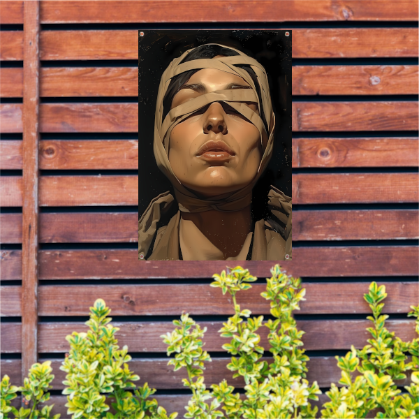Vrouw met verband over ogen in surrealistische stijl tuinposter