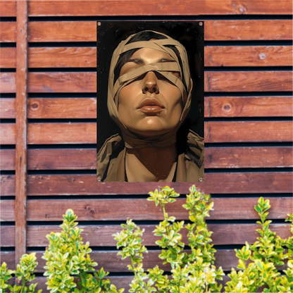 Vrouw met verband over ogen in surrealistische stijl tuinposter