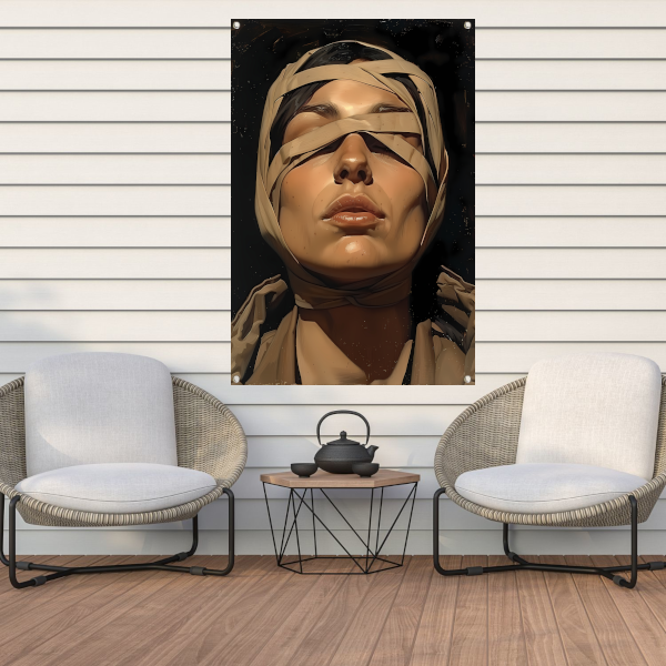 Vrouw met verband over ogen in surrealistische stijl tuinposter