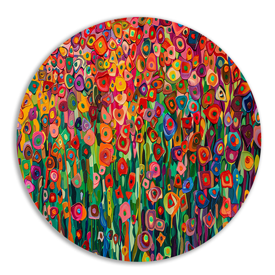 Abstract bloemenveld met felle kleuren aluminium muurcirkel