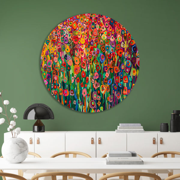 Abstract bloemenveld met felle kleuren aluminium muurcirkel