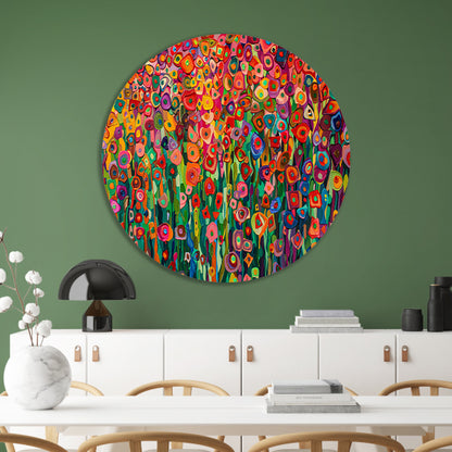 Abstract bloemenveld met felle kleuren aluminium muurcirkel