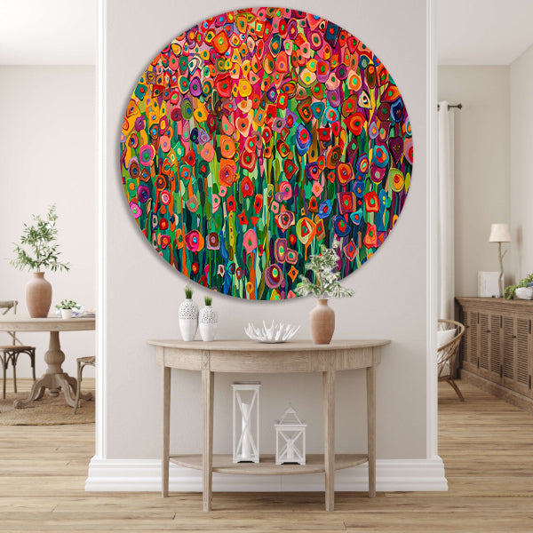 Abstract bloemenveld met felle kleuren aluminium muurcirkel