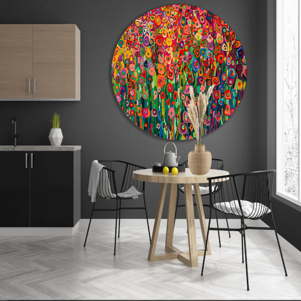 Abstract bloemenveld met felle kleuren aluminium muurcirkel