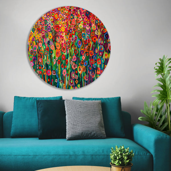 Abstract bloemenveld met felle kleuren aluminium muurcirkel