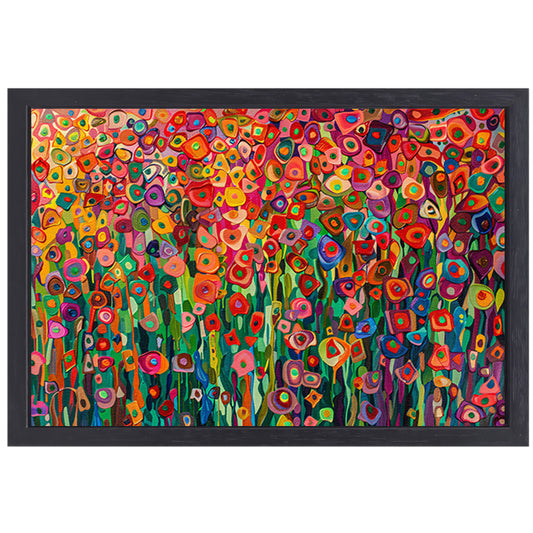 Abstract bloemenveld met felle kleuren canvas met baklijst