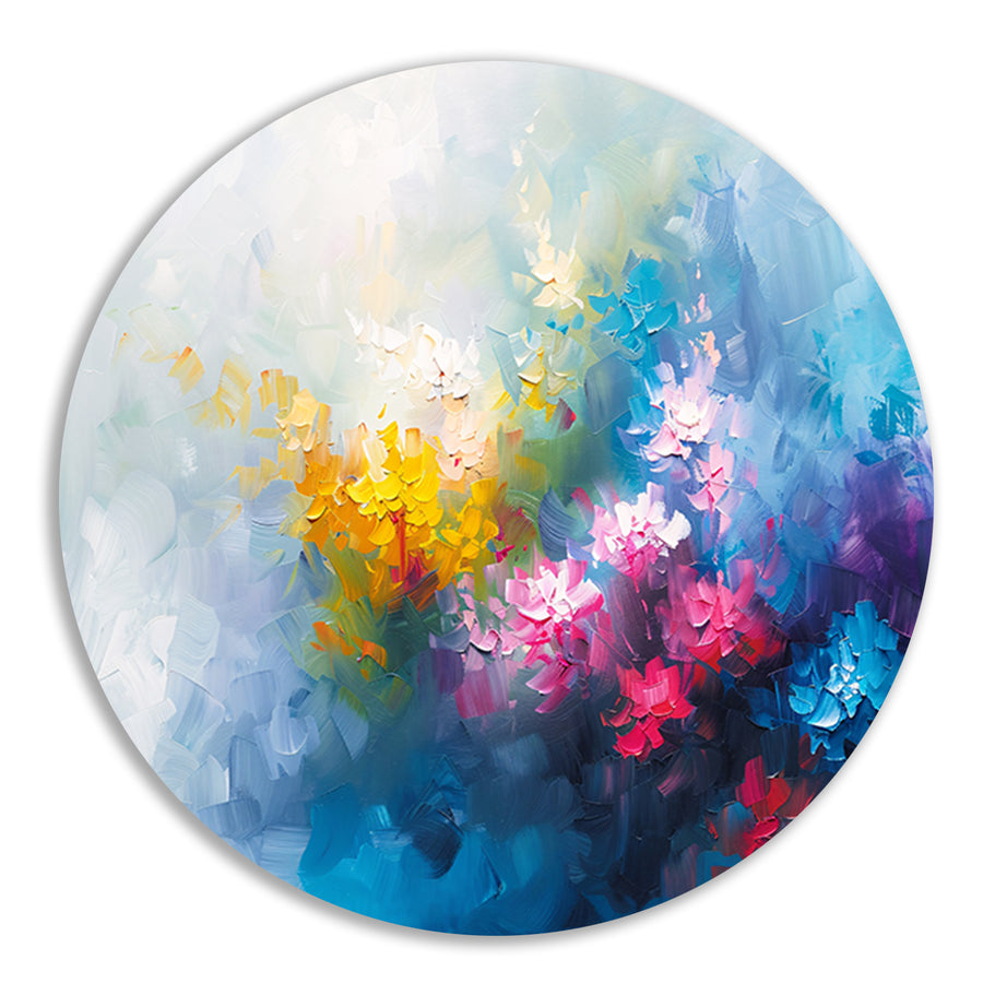 Kleurrijk abstract schilderij van bloemenveld aluminium muurcirkel