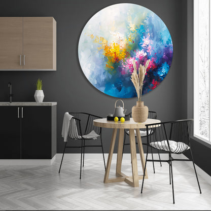 Kleurrijk abstract schilderij van bloemenveld aluminium muurcirkel