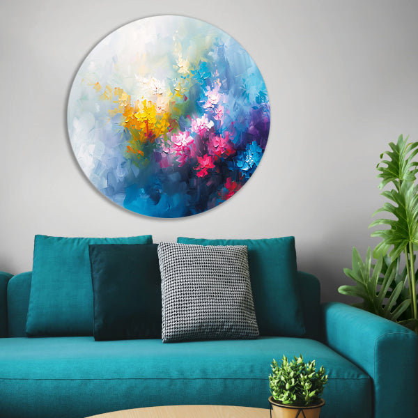 Kleurrijk abstract schilderij van bloemenveld aluminium muurcirkel