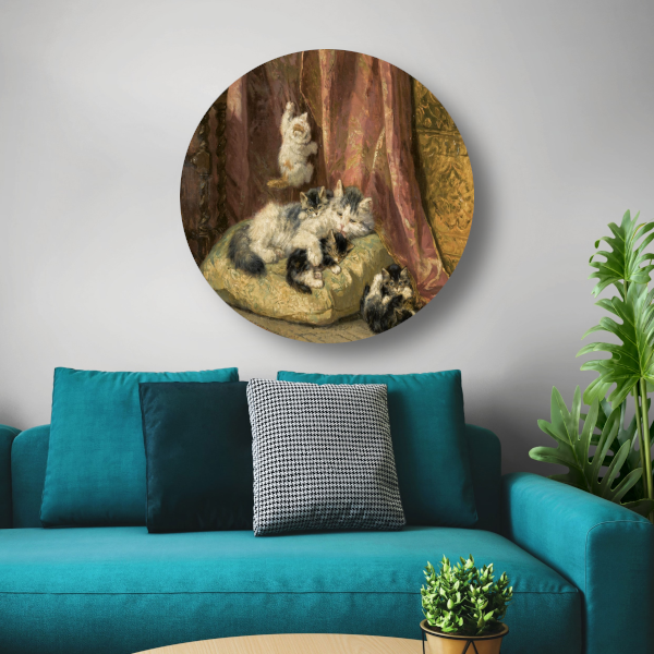 Kittens bij het spelen - Henriëtte Ronner-Knip aluminium muurcirkel