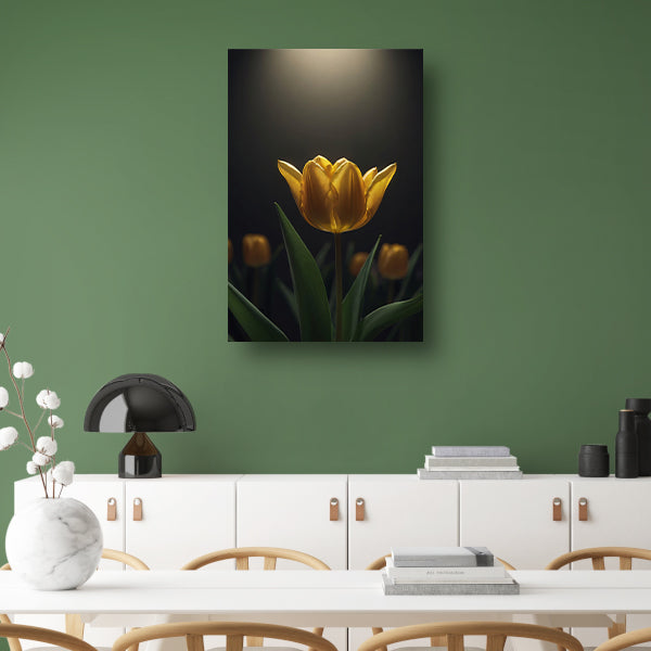 Gloeiende gele tulp in het donker canvas