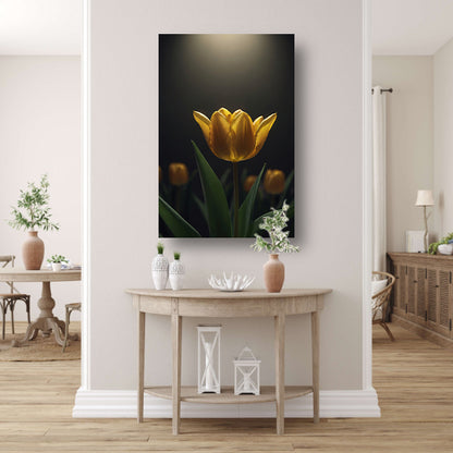 Gloeiende gele tulp in het donker canvas