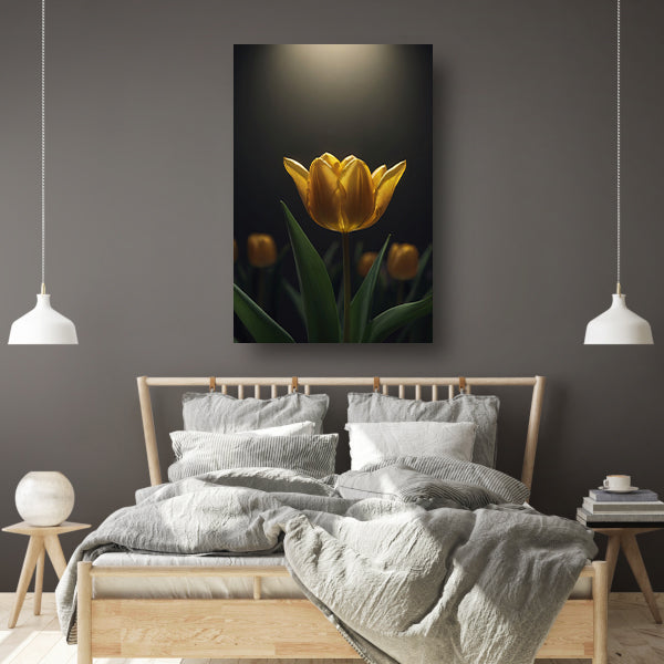 Gloeiende gele tulp in het donker canvas