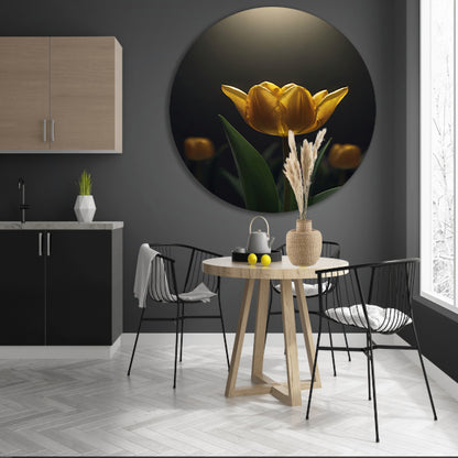 Gloeiende gele tulp in het donker forex muurcirkel