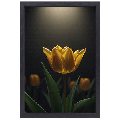 Gloeiende gele tulp in het donker canvas met baklijst