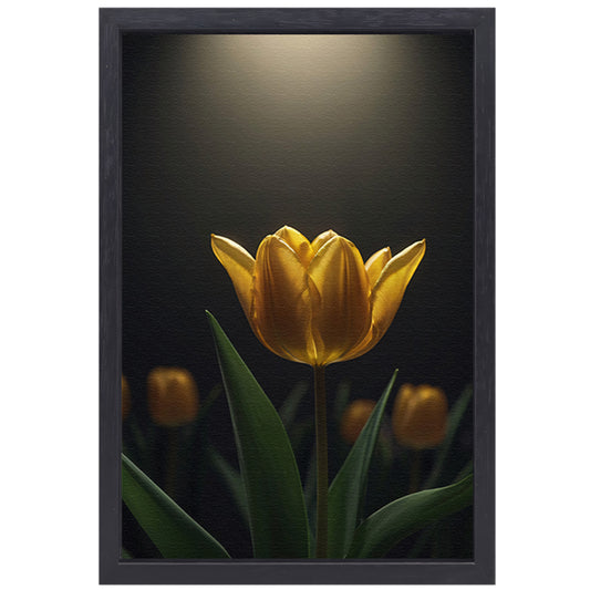 Gloeiende gele tulp in het donker canvas met baklijst