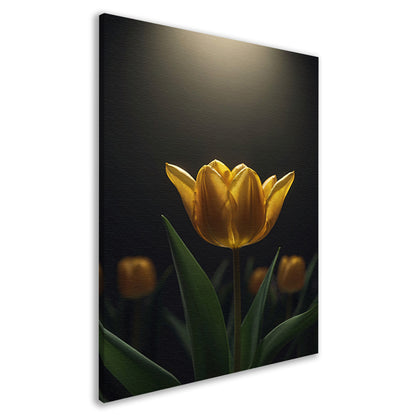 Gloeiende gele tulp in het donker canvas
