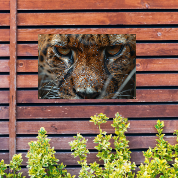 Close-up van natte luipaard met intense blik tuinposter
