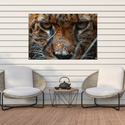 Close-up van natte luipaard met intense blik tuinposter