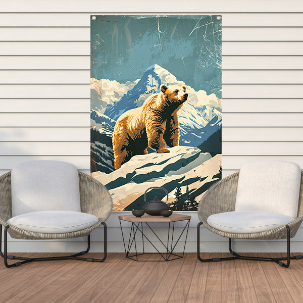 Vintage illustratie beer in berglandschap tuinposter
