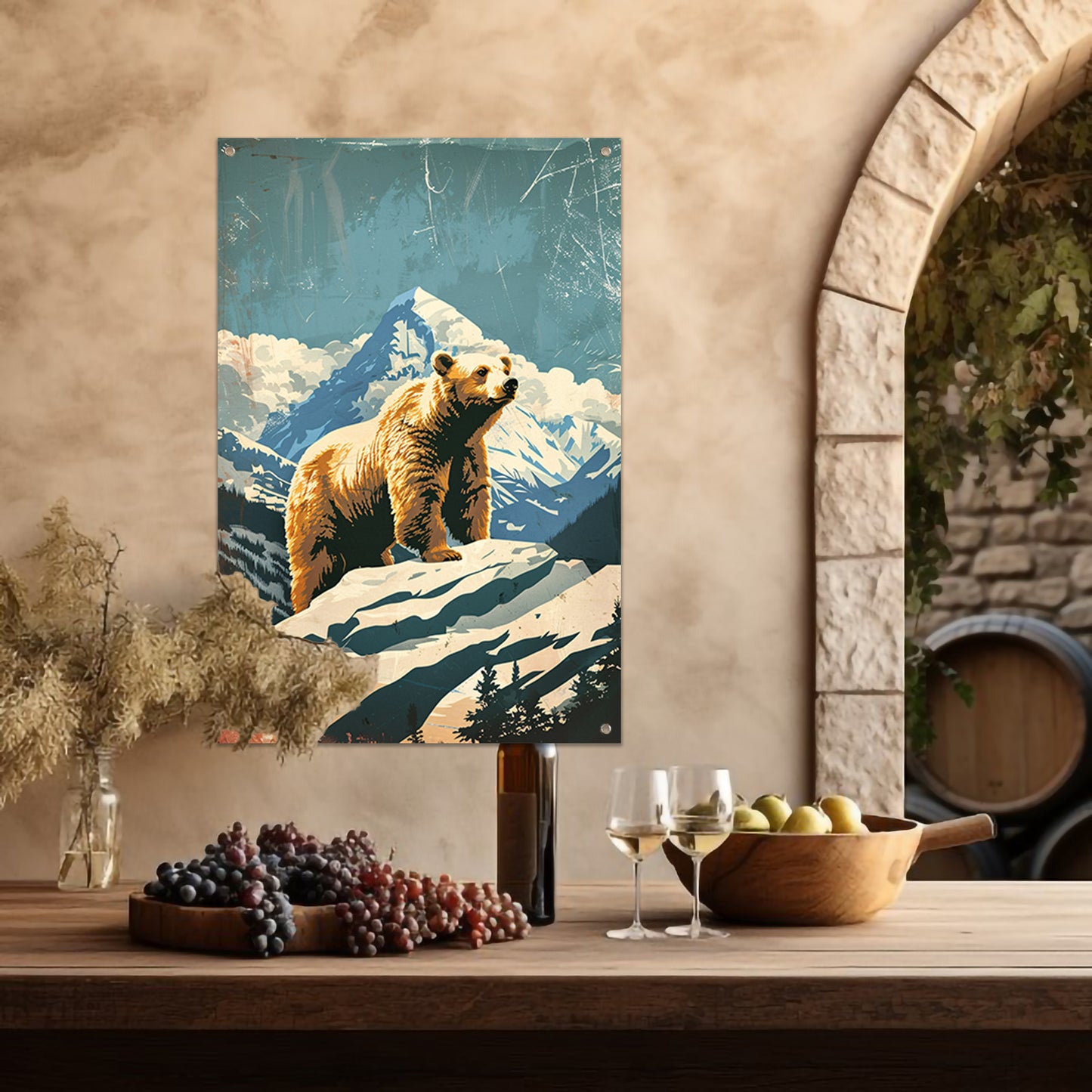 Vintage illustratie beer in berglandschap tuinposter