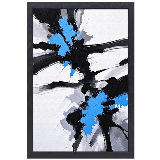 Energetische abstractie van blauw, zwart en wit canvas met baklijst