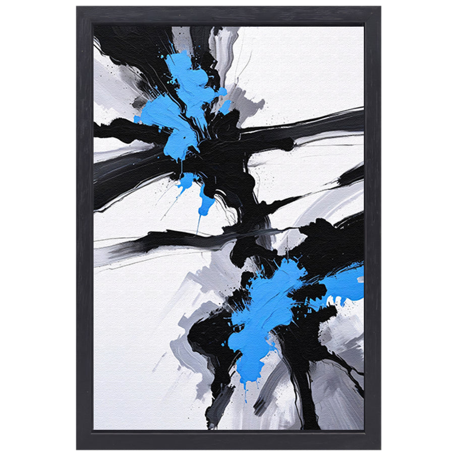 Energetische abstractie van blauw, zwart en wit canvas met baklijst