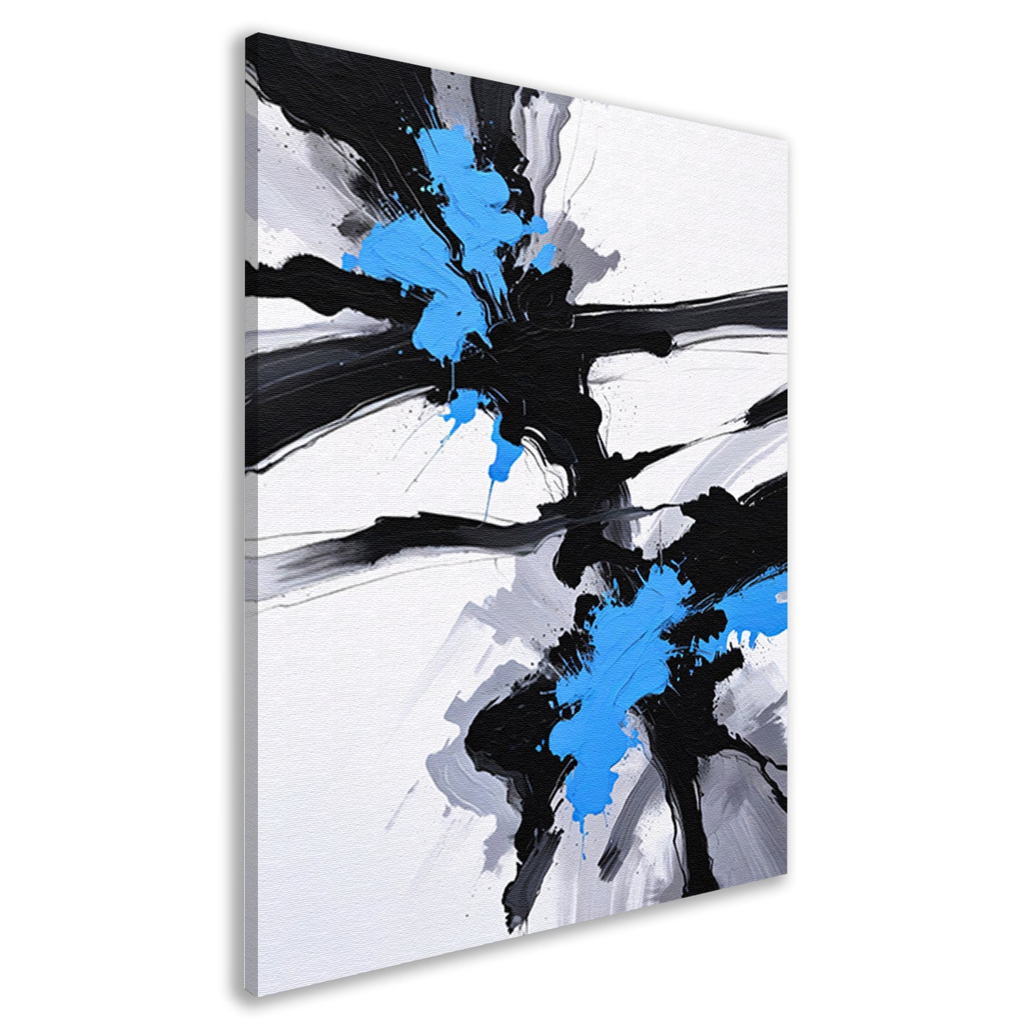 Energetische abstractie van blauw, zwart en wit canvas