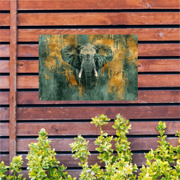 Mysterieus olifant portret met gouden accenten tuinposter