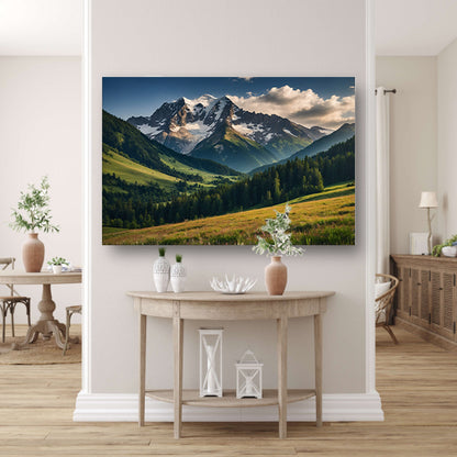 Adembenemend berglandschap met groene weiden poster