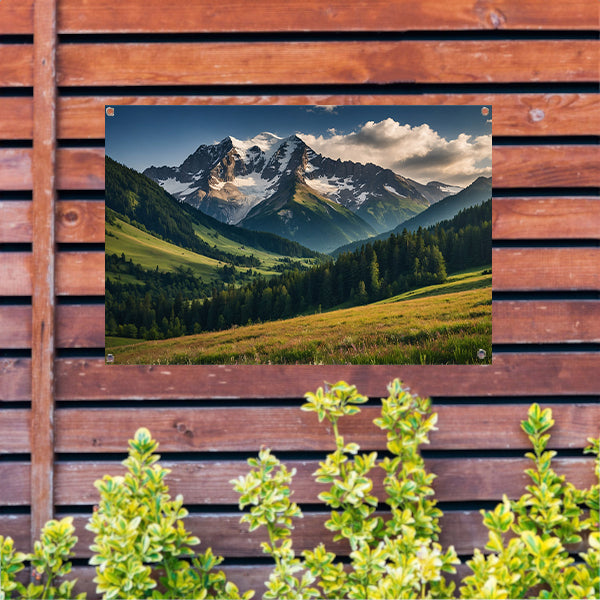 Adembenemend berglandschap met groene weiden tuinposter