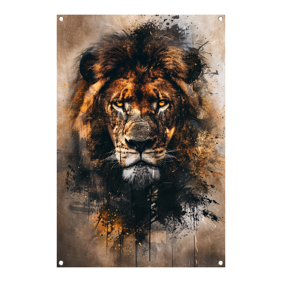Leeuwenkop in dynamische graffiti-stijl tuinposter