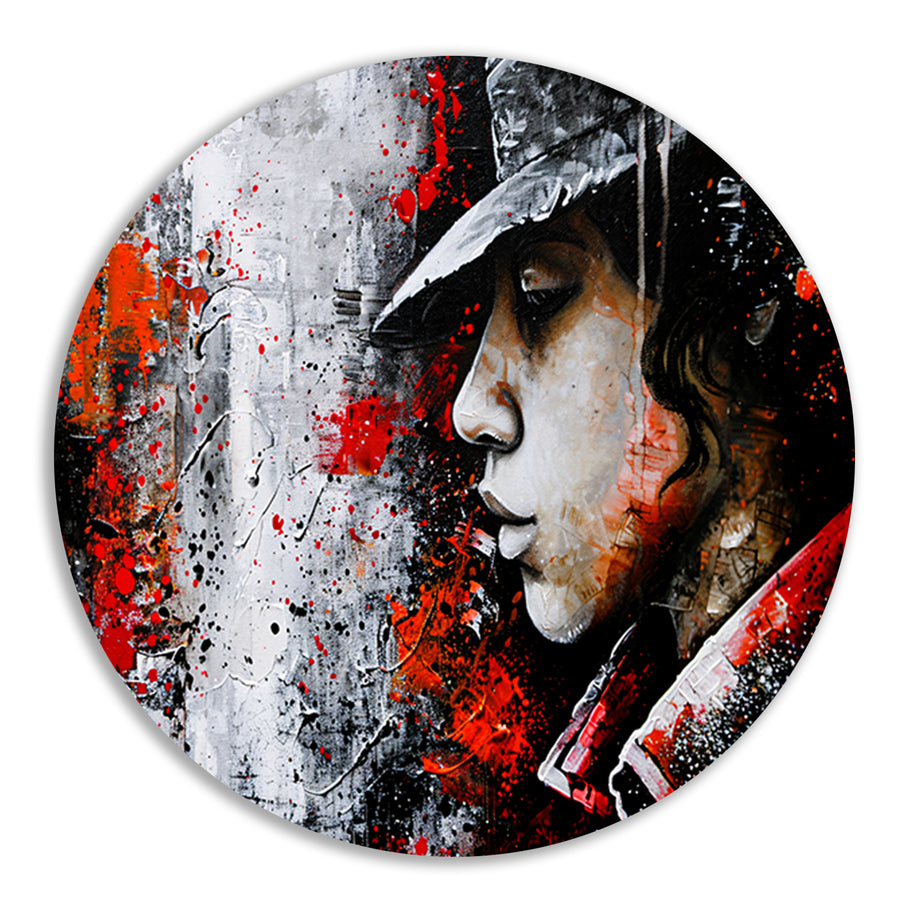 Dynamisch en kleurrijk portret in street art aluminium muurcirkel