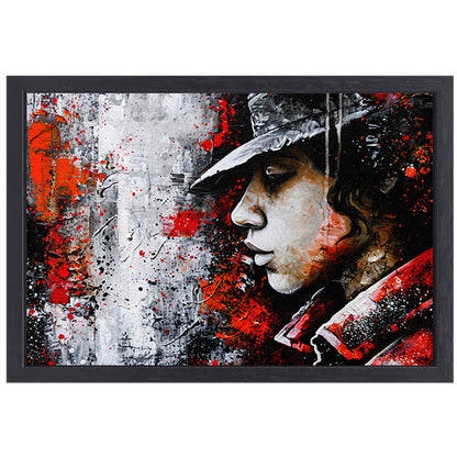 Dynamisch en kleurrijk portret in street art canvas met baklijst