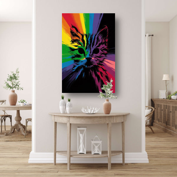 Kleurrijke abstracte kat in regenboogkleuren canvas met baklijst