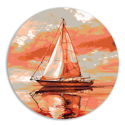 Zeilboot bij zonsondergang digitale kunst aluminium muurcirkel