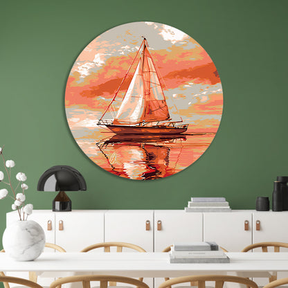 Zeilboot bij zonsondergang digitale kunst aluminium muurcirkel