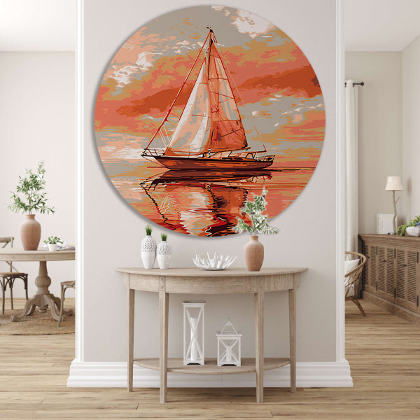 Zeilboot bij zonsondergang digitale kunst aluminium muurcirkel