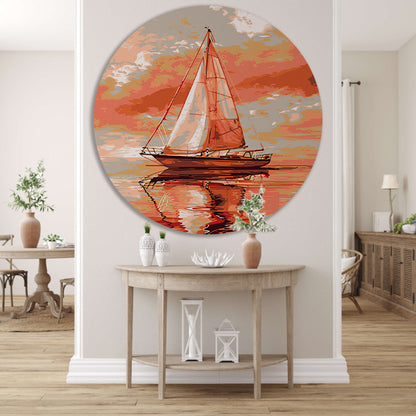 Zeilboot bij zonsondergang digitale kunst aluminium muurcirkel