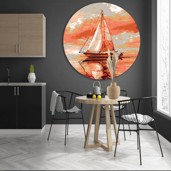 Zeilboot bij zonsondergang digitale kunst aluminium muurcirkel